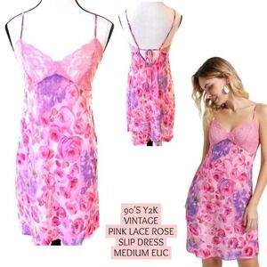 90'S Y2K VINTAGE PINK‎ LACE ROSES SLIP MINI DRESS MEDIUM EUC